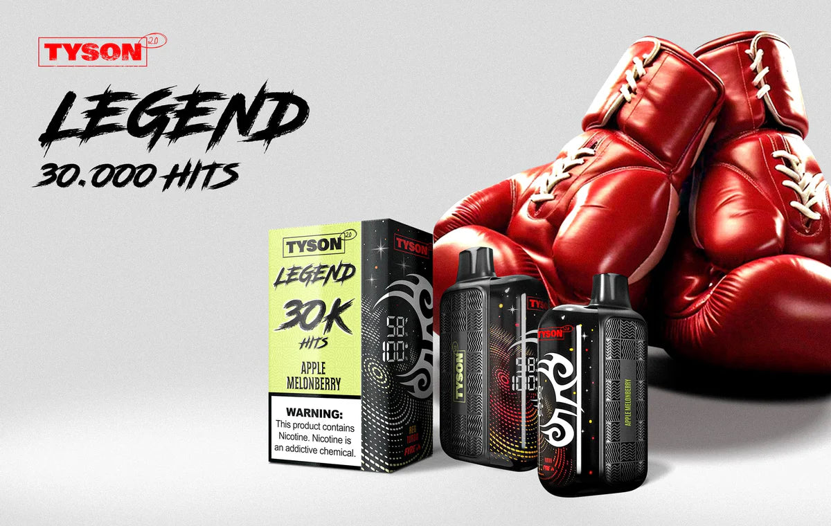 Two red boxing gloves, two vape devices, and a box labeled "Tyson Legend 30K Hits Apple Mixedberry" are shown against a white background.