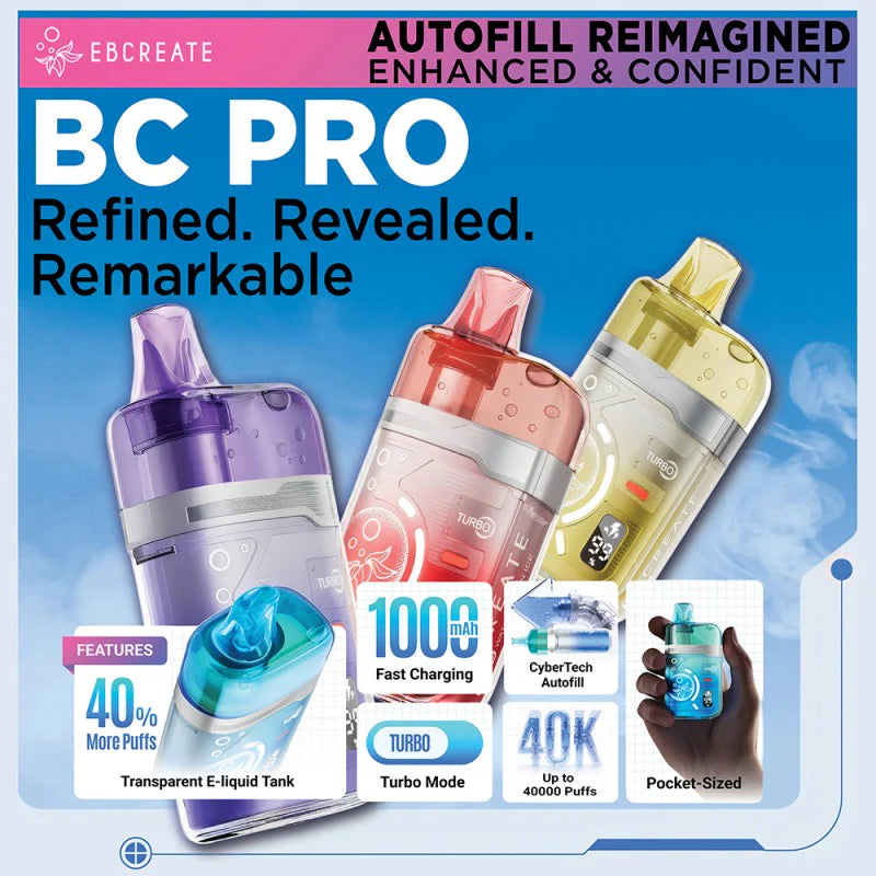 Three colorful vapes—purple, red, yellow—on a blue background. Features include fast charging, transparent tank, and Turbo mode.