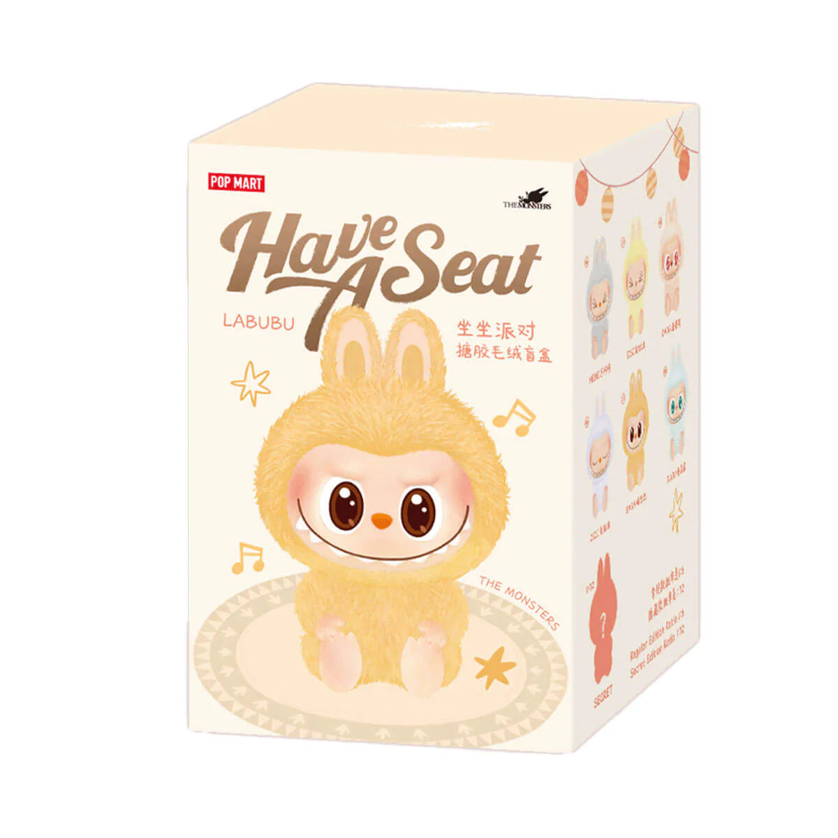 Cute toy packaging for "Have A Seat" collection by Pop Mart, featuring a fluffy, wide-eyed character with bunny ears and musical notes on the box.
