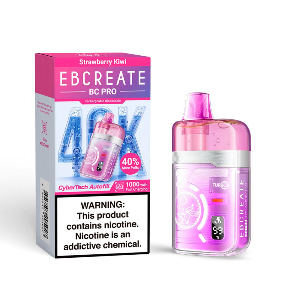 Pink vape device labeled "EBCREATE BC PRO" next to its box with strawberry kiwi flavor. Bold nicotine warning text is prominently displayed.