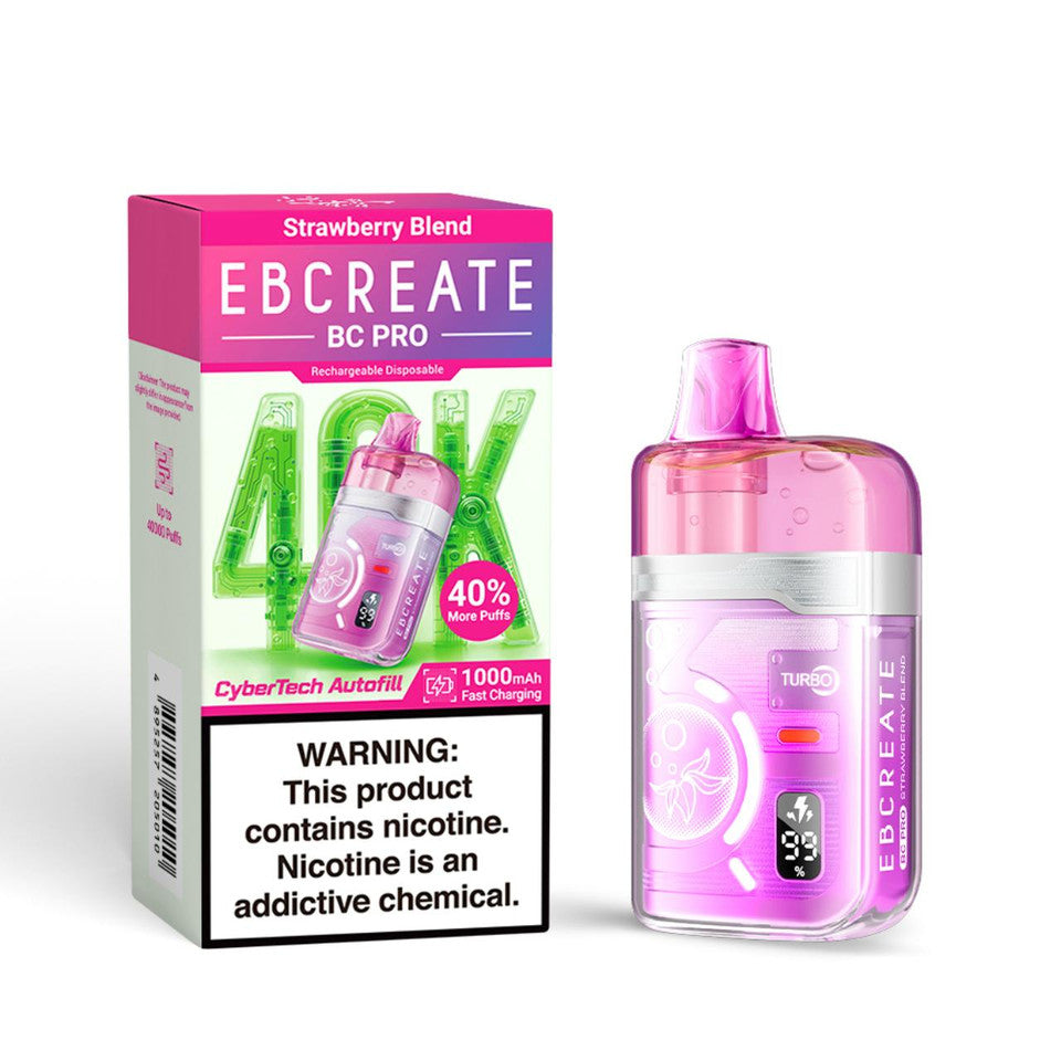 Pink vape device with digital display next to a branded box labeled "EBCREATE BC PRO, Strawberry Blend." Prominent nicotine warning included.
