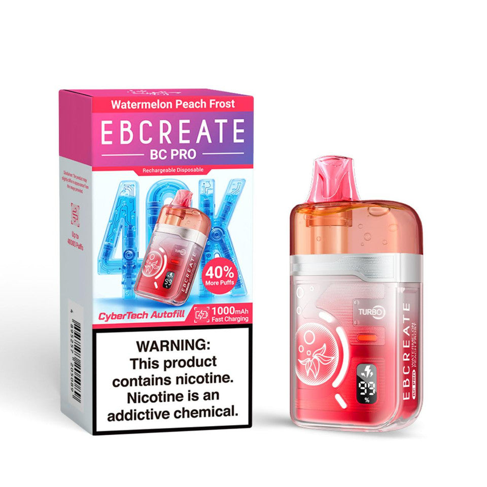 Packaging of EBCreate BC Pro vape in Watermelon Peach Frost flavor is shown. The box highlights "40K puffs" and includes a nicotine addiction warning. The vape device is red with digital features.