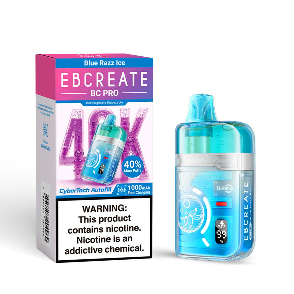 Packaged and unpackaged EBCREATE BC PRO vape shown. The box features "Blue Razz Ice" flavor and health warning. Device is blue with clear sections.