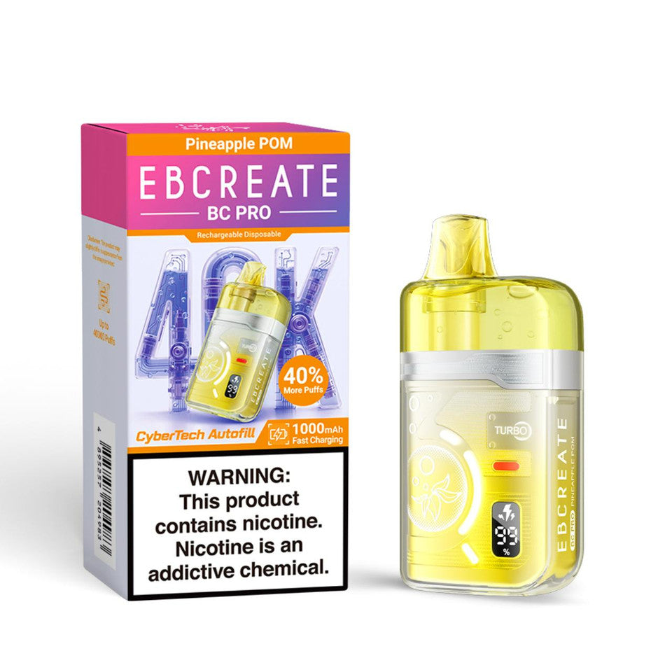 Toasted Pineapple EBCREATE BC PRO vape packaging with yellow device. Bold text highlights features. Warning label about nicotine addiction on the box.