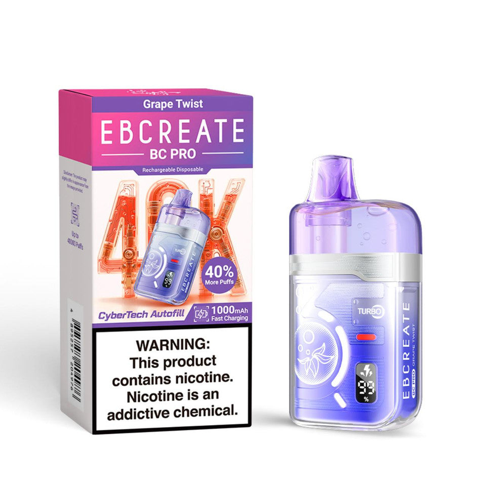 Purple vape device beside its box labeled "EBCreate BC Pro" in Grape Twist flavor. Box has a nicotine warning and 40% more puffs claim.