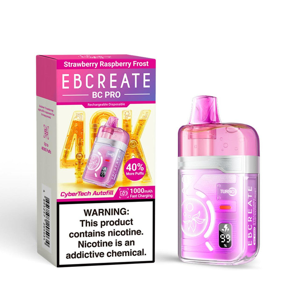 Pink vaping device and box labeled "EBCREATE BC PRO," featuring "Strawberry Raspberry Frost" flavor. Prominent nicotine warning displayed.