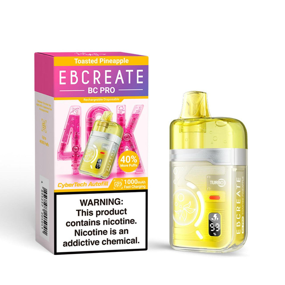 Toasted Pineapple EBCREATE BC PRO vape packaging with yellow device. Bold text highlights features. Warning label about nicotine addiction on the box.