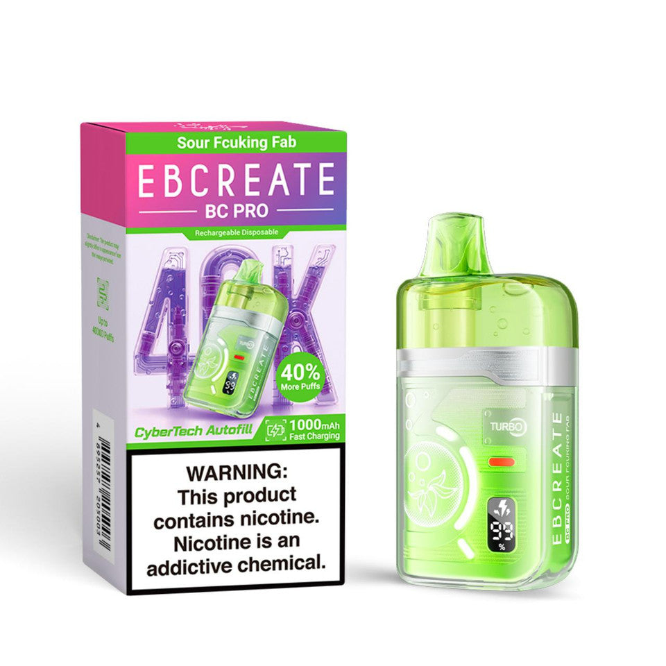 A green vape device stands next to a matching box labeled "EBCREATE BC PRO." The box features a health warning about nicotine, emphasizing its addictive nature.