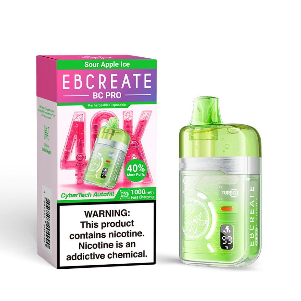 A green vape device labeled "EBCREATE BC PRO" is next to its box, featuring "Sour Apple Ice" flavor. Large "40K" text and nicotine warning present.