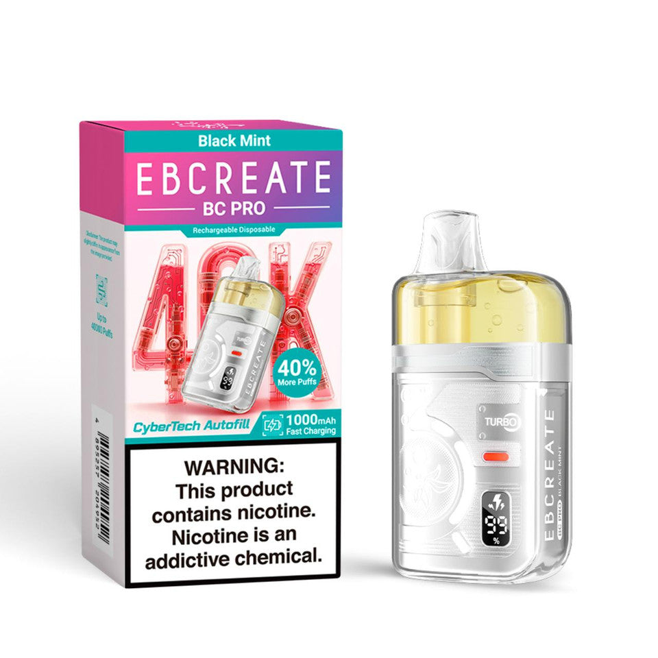 Packaged and unboxed EBCREATE BC Pro vape in "Black Mint" flavor, with prominent 40% more puffs claim. Warning label about nicotine's addictive nature.