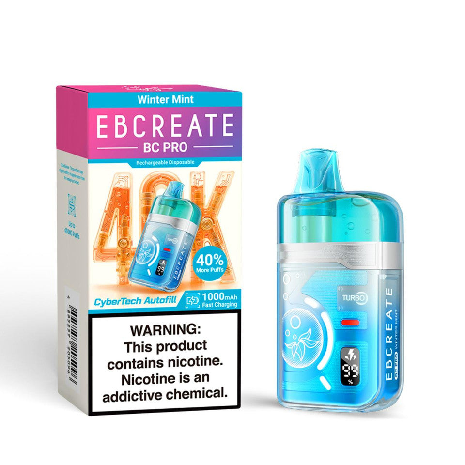 Image shows a blue EBCREATE BC Pro vape device and its packaging. The box, labeled "Winter Mint," highlights features like 40K puffs and displays a nicotine warning at the bottom.