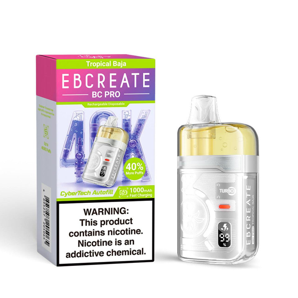 Box and vape device for "EBCREATE BC PRO" in "Tropical Baja" flavor. Box shows "40% more puffs" and a nicotine warning. Device is silver and yellow.