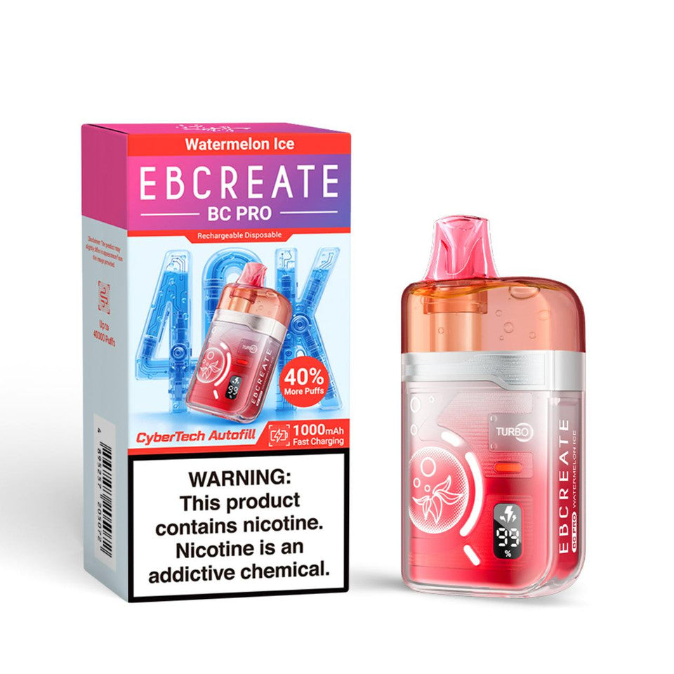 Pink and red vaping device beside its box labeled "EBCREATE BC Pro." Box highlights "Watermelon Ice" flavor with 40K puffs. Warning: contains nicotine.