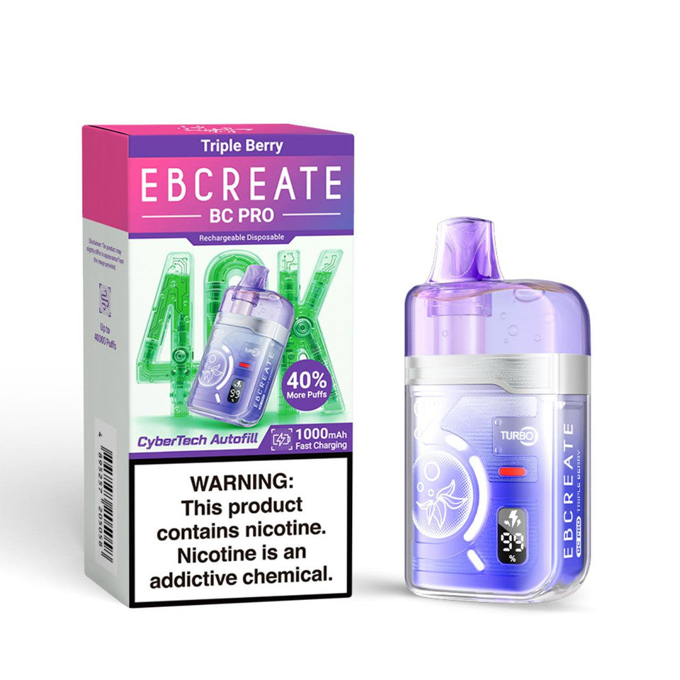 Pack and vape in purple. Text: EBCreate BC Pro, 40K puffs, 1000mAh. Flavor: Triple Berry. Warning: nicotine is addictive. Sleek, modern design.