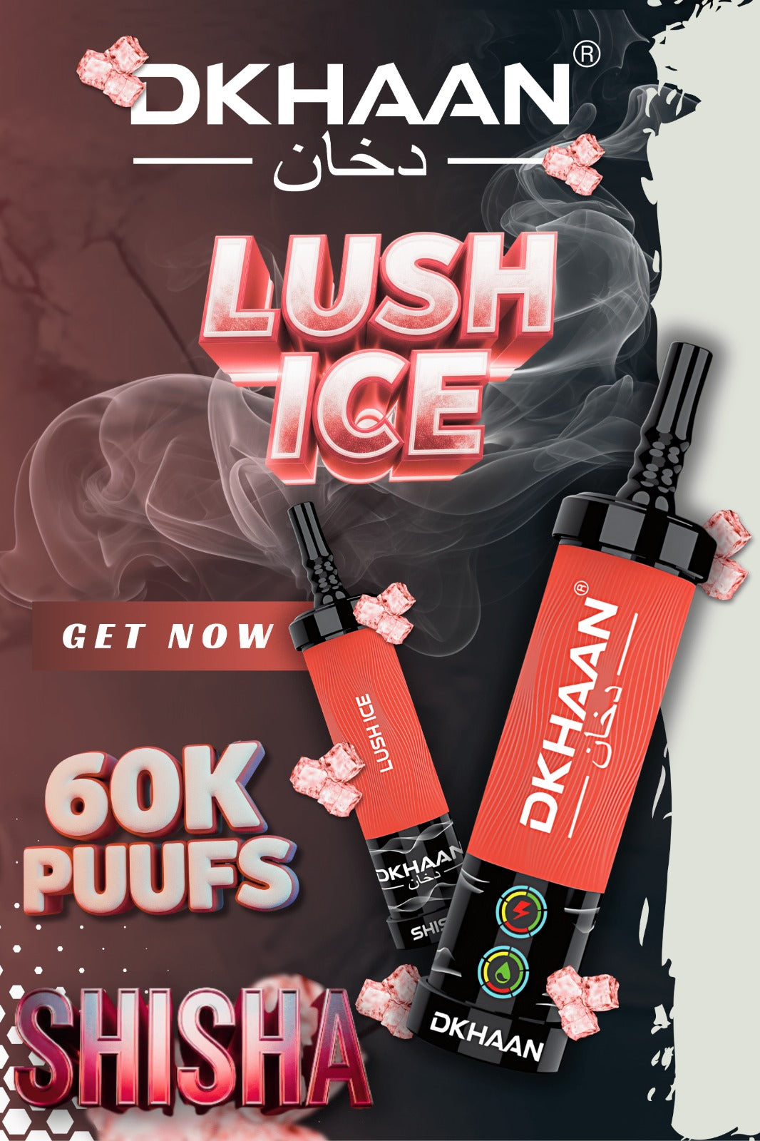 Advertisement for DKHAAN Pink Lemonade Shisha vape. Features two pink vape devices with subtle smoke, highlighting '60K PUFFS' and 'Get Now.