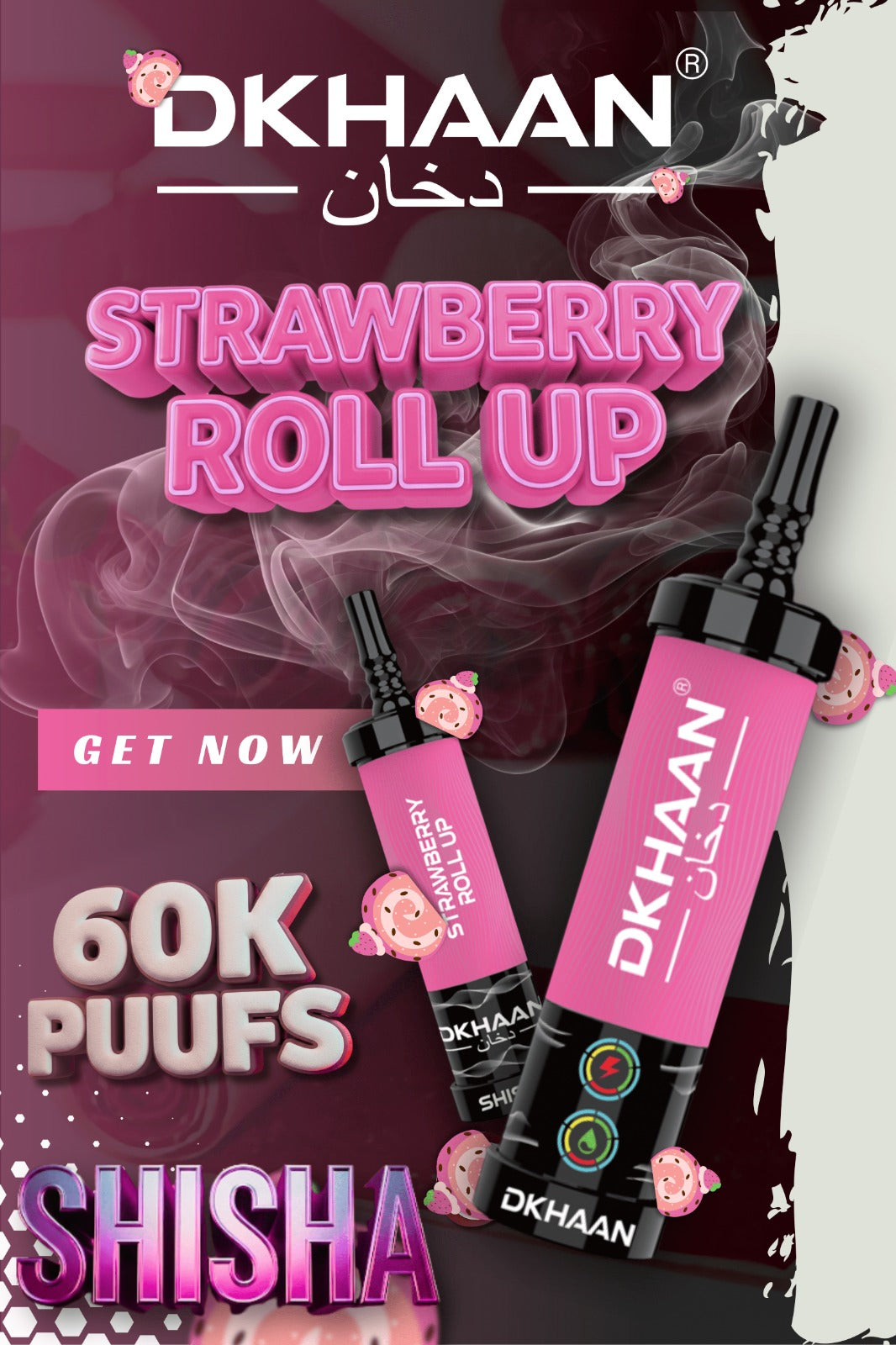 Advertisement for DKHAAN Strawberry Roll Up shisha. Features two shisha devices with illustrated strawberries, pink smoke, and bold text highlighting 60K puffs.