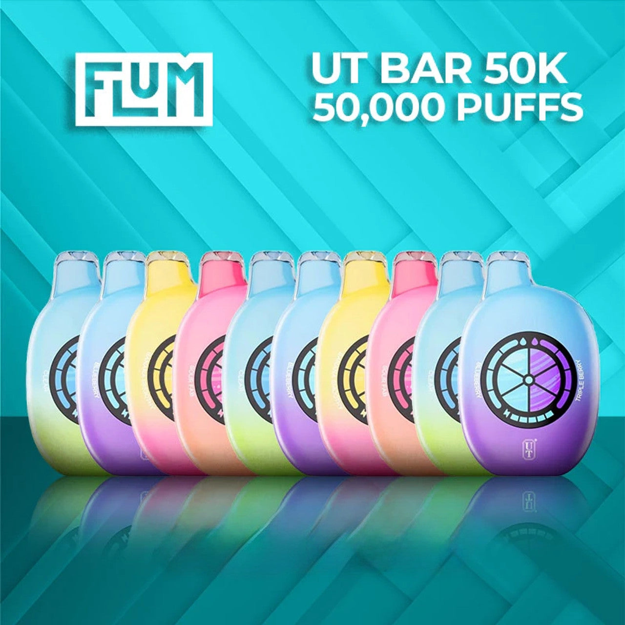 Row of colorful vapes on a teal geometric background. Text reads "Flum UT Bar 50K, 50,000 puffs." Bright and futuristic tone.