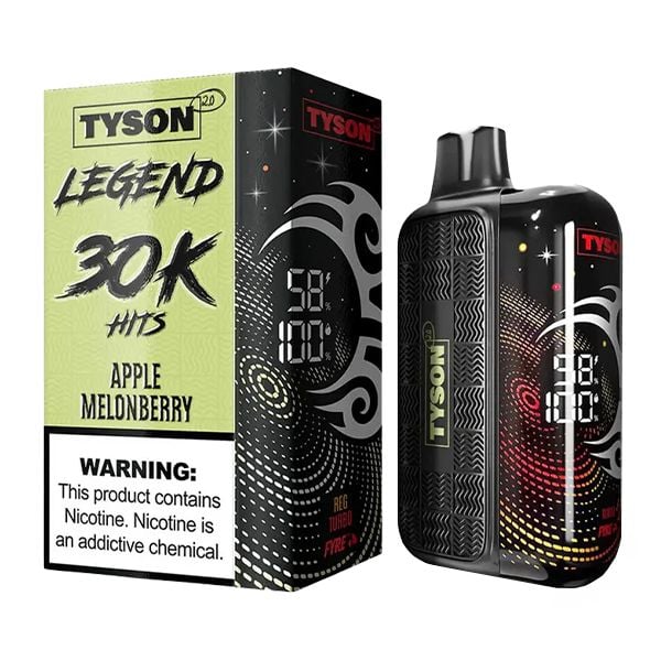 Box and vape device for "Tyson 2.0 Legend 30K Hits." Flavor: Apple Melonberry. Black device with colorful swirl design. Warning: Contains nicotine.