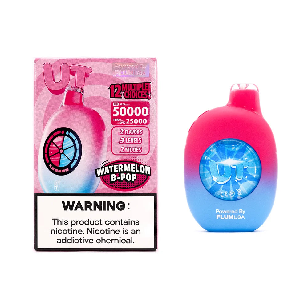 Brightly colored vape device and matching packaging. The device is pink and blue with "UT" on it. The packaging warns of nicotine content. Mood is vibrant and energetic.