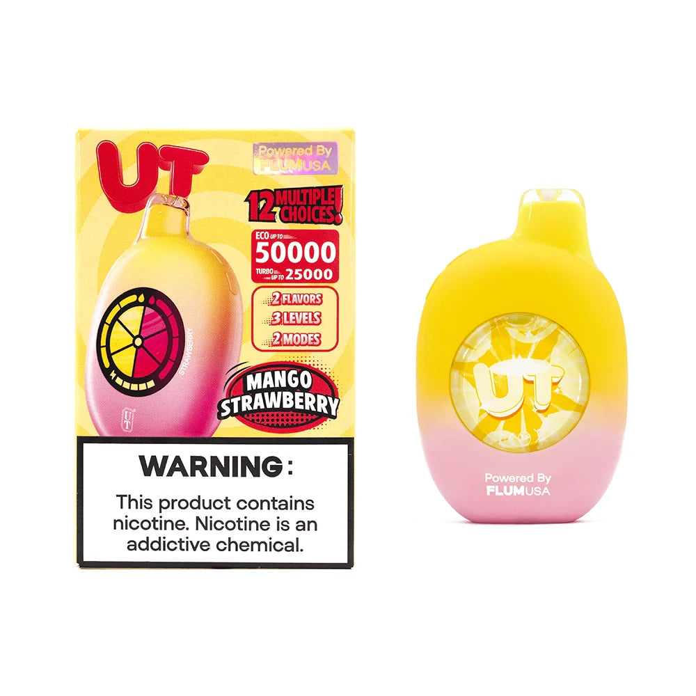 Vape product with box. Yellow-to-pink gradient design. Features "Mango Strawberry" flavor, nicotine warning, and brand details. Bold, modern look.