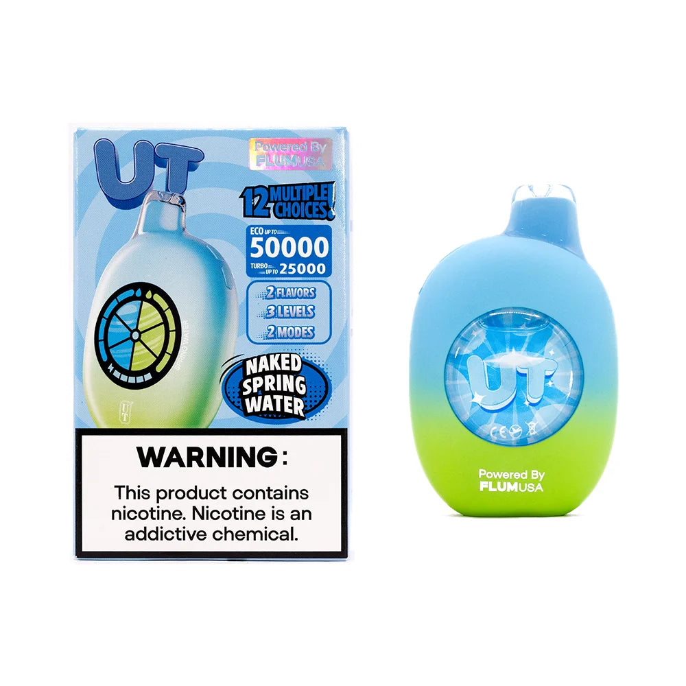 The image shows a blue and green vape device next to its packaging. The box features a circular design, text highlighting features, and a nicotine warning. The tone is modern and vibrant.