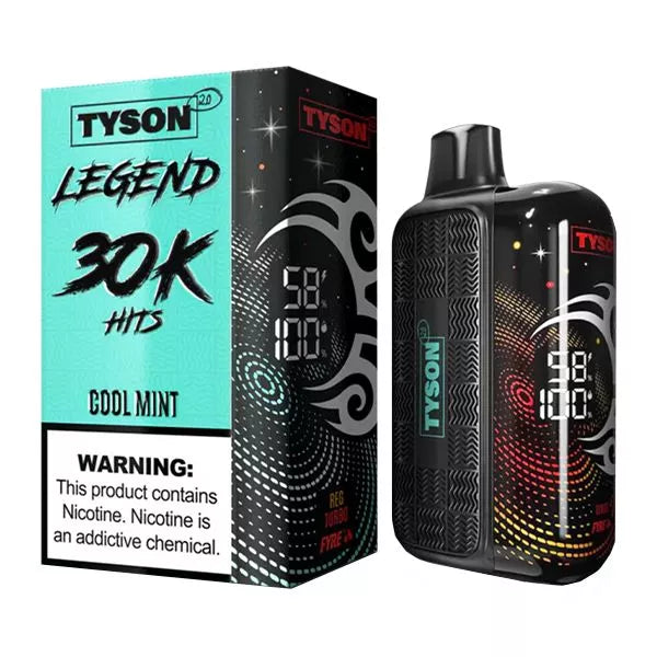 Box and vape device with a digital display, labeled "Tyson Legend 30K Hits, Cool Mint." Vibrant colors and a nicotine warning conveyed.