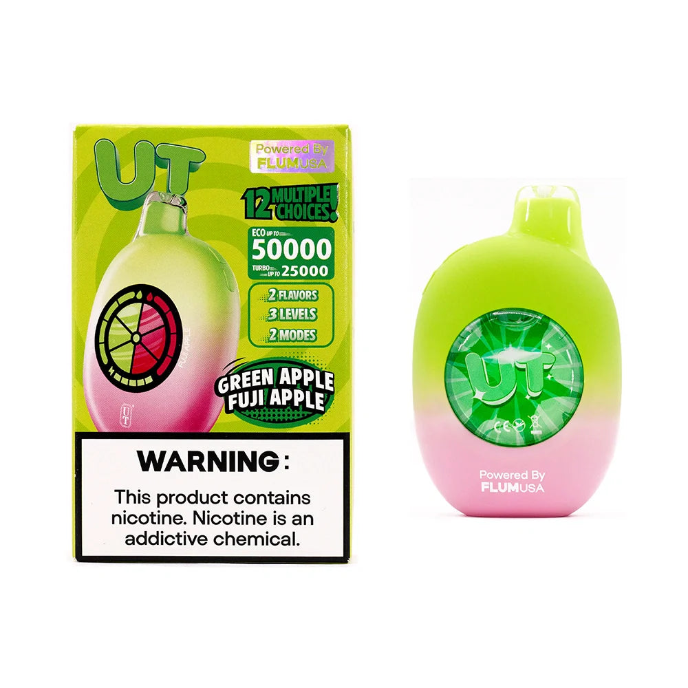 The image shows a green and pink e-cigarette package and device. The package highlights "Green Apple Fuji Apple" flavor and nicotine warning. The device mirrors the package design.