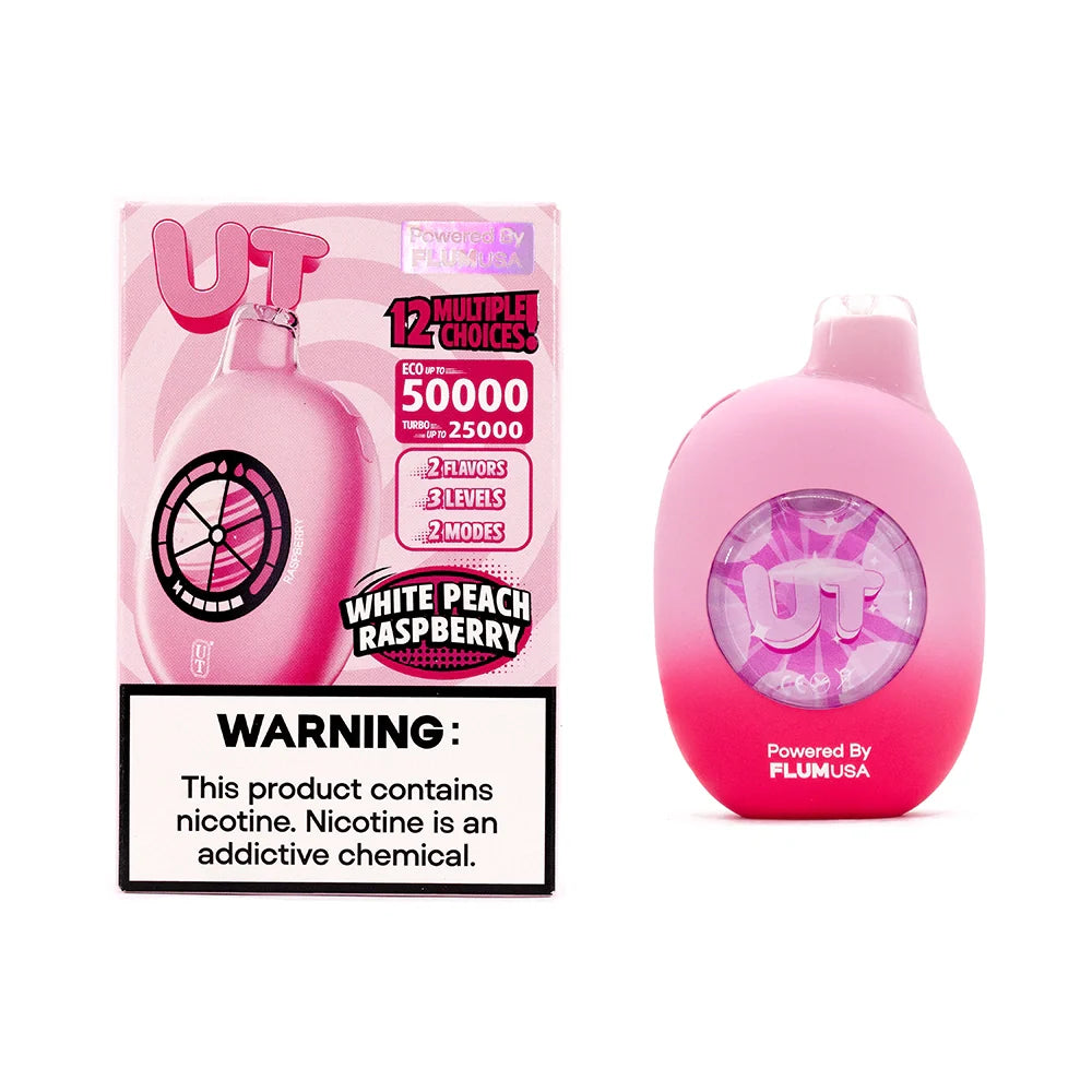 Pink vape packaging next to a pink vape device. Text highlights features like "White Peach Raspberry" flavor and a nicotine warning label.