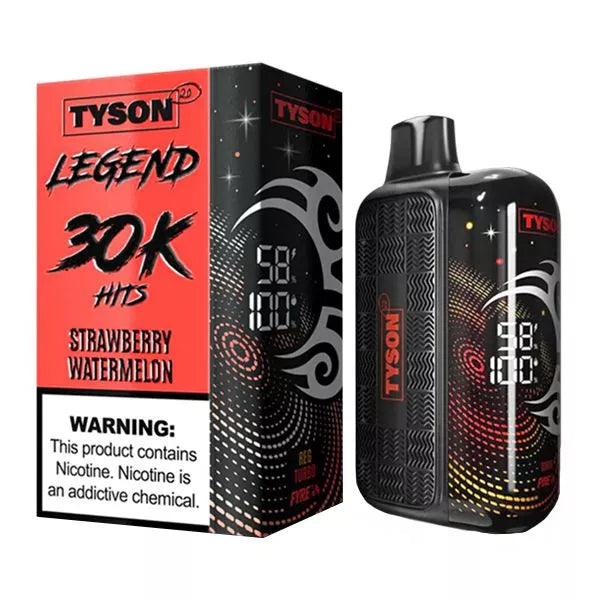 Red and black e-cigarette packaging for "Tyson Legend 30K Hits" in strawberry watermelon flavor. Includes a health warning about nicotine.