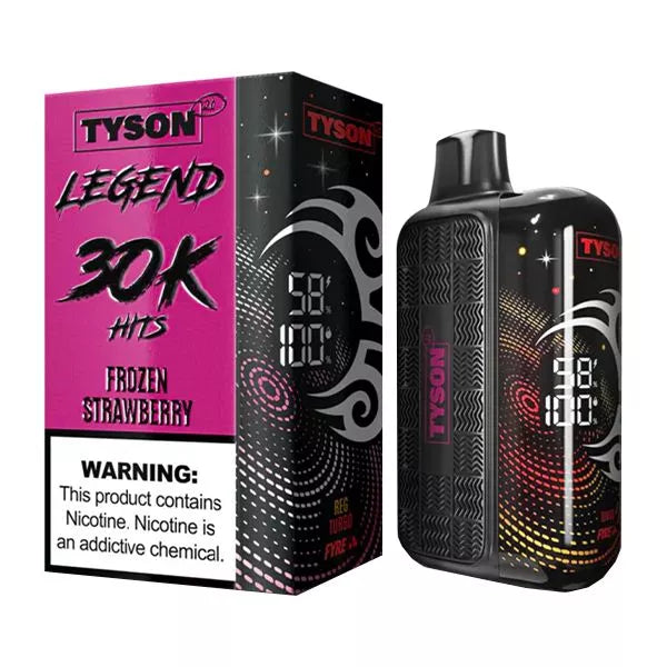 Box and vape device for Tyson Legend 30K Hits in Frozen Strawberry flavor. The box is pink and black with warning text about nicotine.