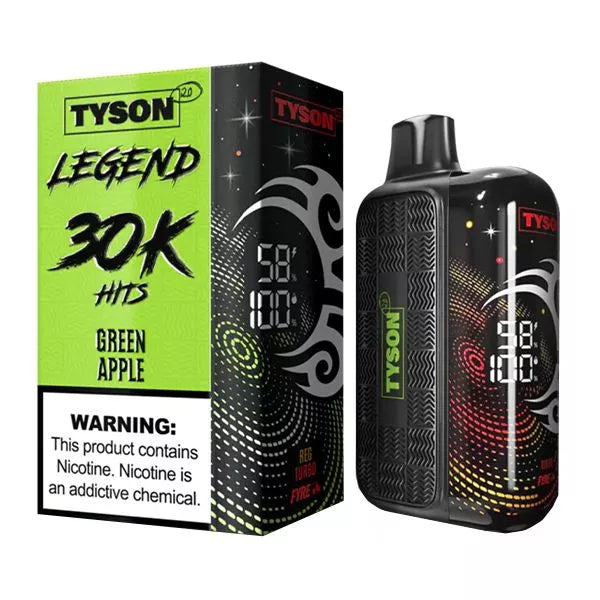 Packaging for a Tyson 2.0 Legend 30K Hits vape in green apple flavor. The box and device feature bold, colorful graphics. A nicotine warning is visible.