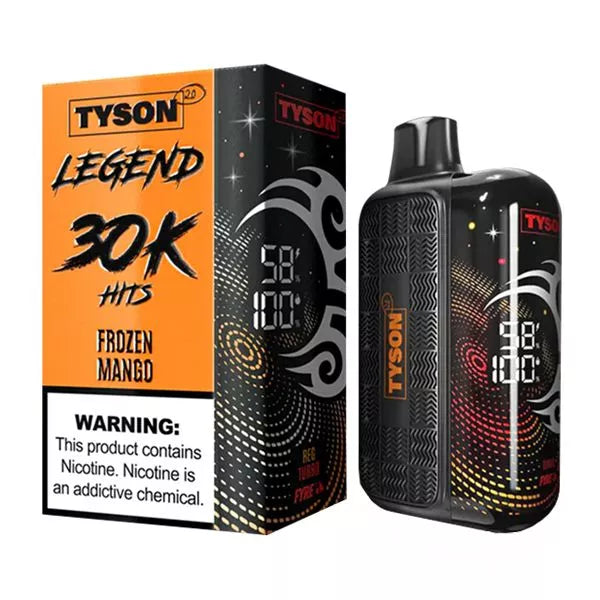 Vape device and packaging, labeled "Legend 30K Hits," with "Frozen Mango" flavor. Black, orange, and white design. Nicotine warning at bottom.