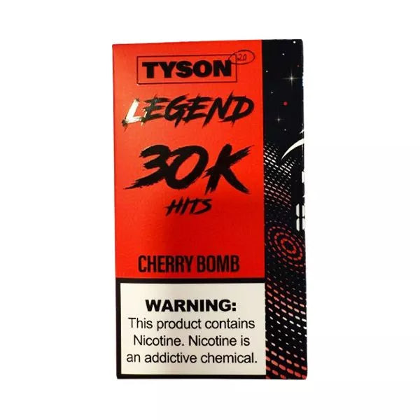 Red and black packaging of a vaping product labeled "Tyson Legend 30K Hits Cherry Bomb" with a nicotine addiction warning at the bottom.