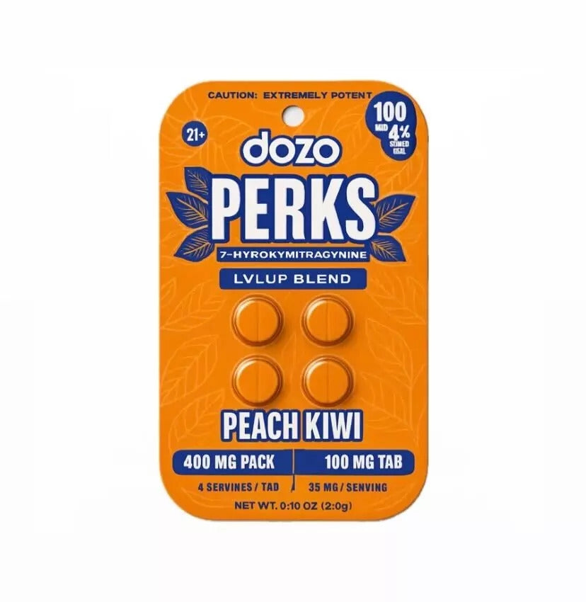 Orange packaging for "dozo PERKS" supplements, labeled "Peach Kiwi" with four round tablets visible. Text highlights strength and serving details.