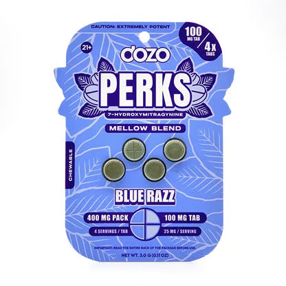 Blue packaging of Dozo Perks gummies, labeled "Blue Razz." Features five green gummies, text highlighting "Mellow Blend," and potency warnings.