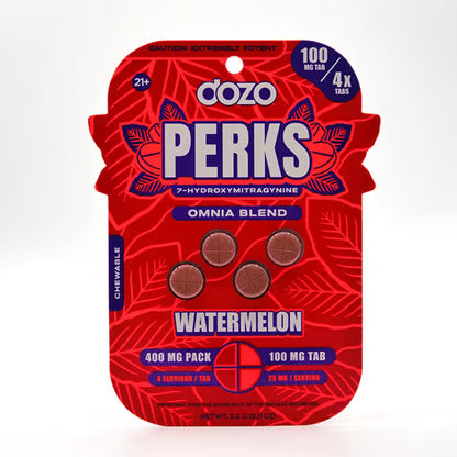 Red package of "PERKS" gummy tabs with a watermelon flavor. The package features leaf patterns and highlights its 400mg dose and 100mg per tab.
