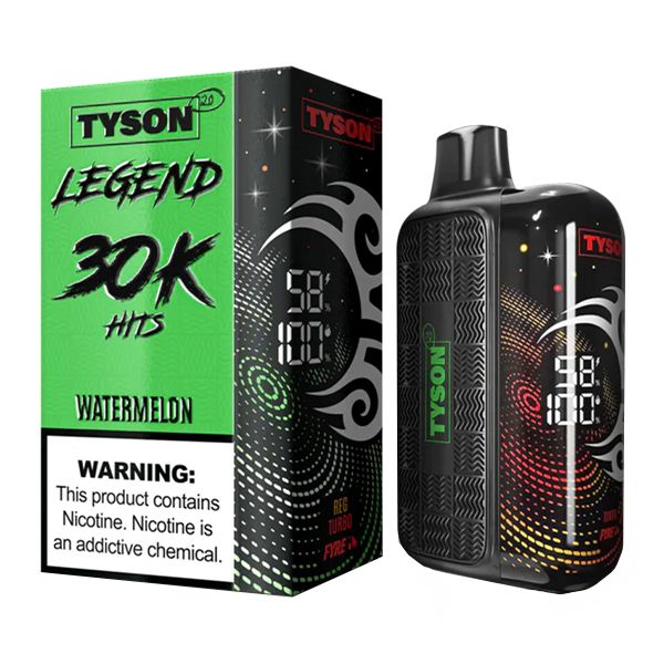 A sleek vape device is next to a green and black box labeled "Tyson Legend 30K Hits, Watermelon." The box has a nicotine warning. The device shows a digital display.